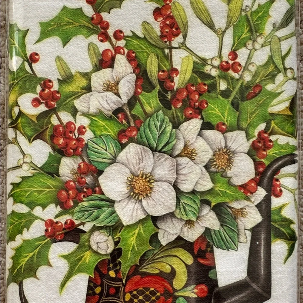 Mary Lake-Thompson Kitchen Flour Sack Dish Towel Holly Berries Watering Can